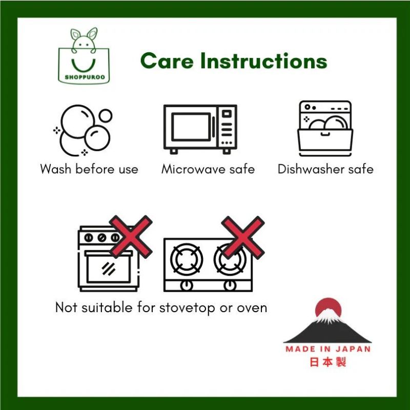 SHOPPUROO™ care instructions — wash before use, microwave safe, dishwasher safe (top rack), not suitable for stovetop or oven — Made in Japan 日本製