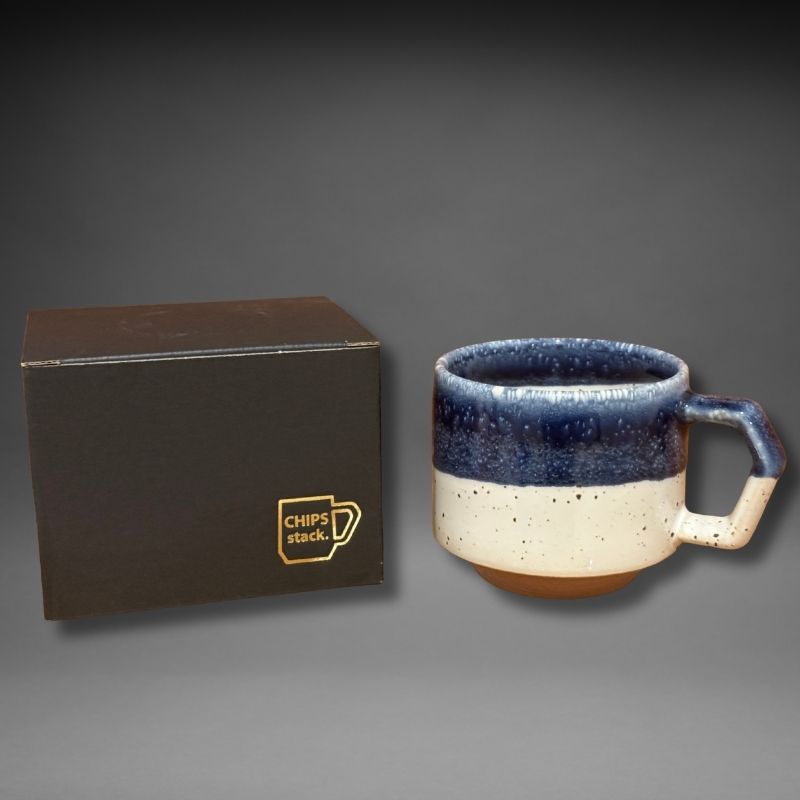 Chips Stack Mug 280ml Navy White Drop– stackable Japanese ceramic mug in gift box.