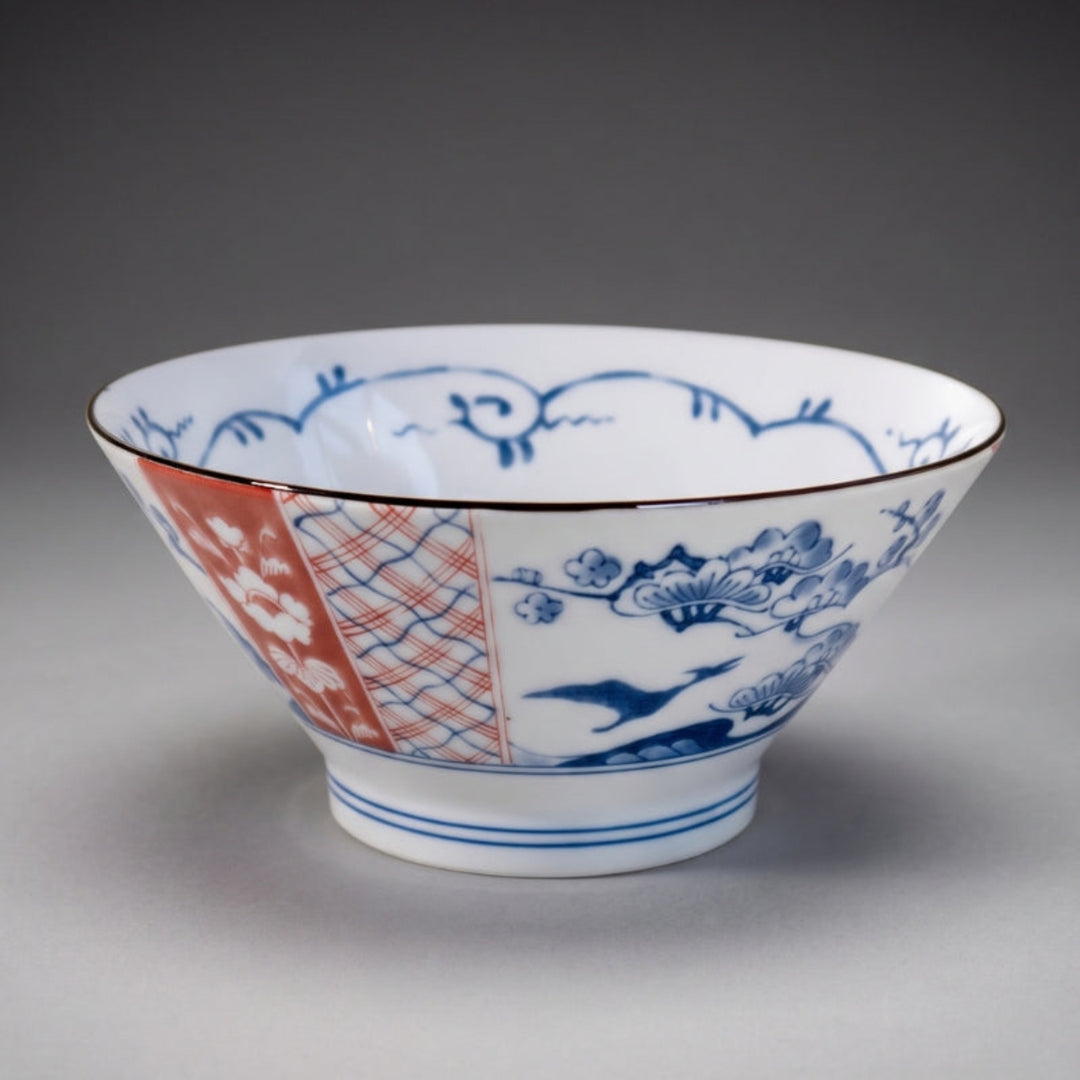Edokko Dinosaur Ko-Imari style ramen bowl 1100ml, flared porcelain with red floral and lattice panels, blue pine scene and a hidden dinosaur, Mino ware made in Japan