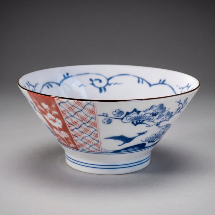 Edokko Dinosaur Ko-Imari style ramen bowl 1100ml, flared porcelain with red floral and lattice panels, blue pine scene and a hidden dinosaur, Mino ware made in Japan
