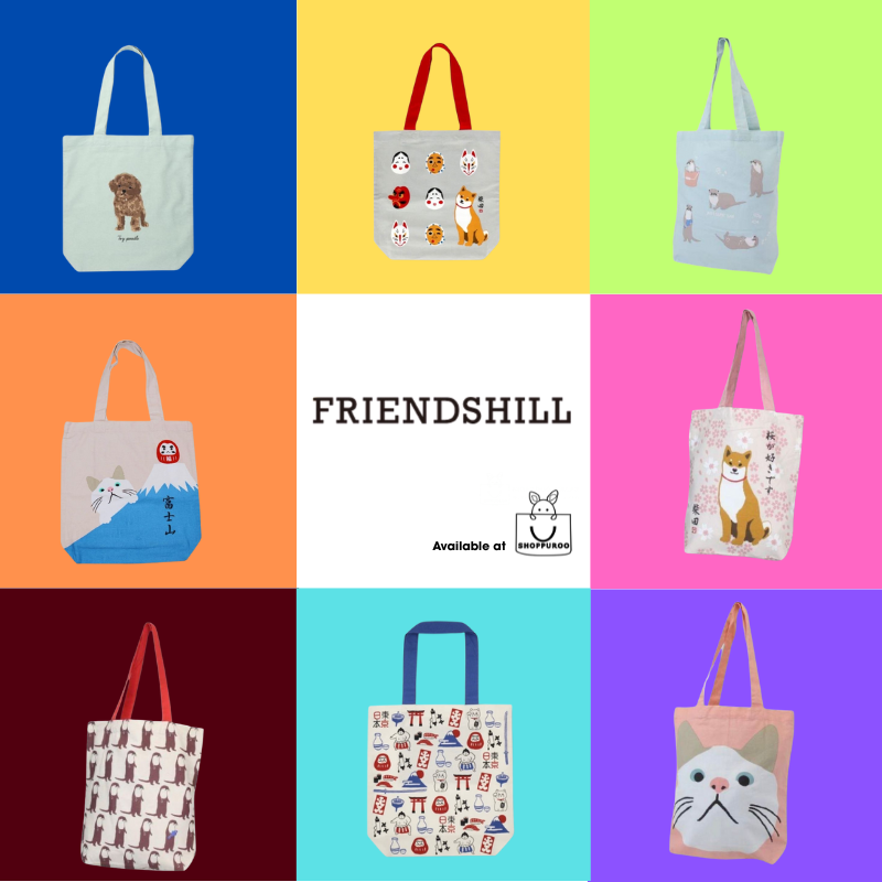 Friendshill Japan handmade cotton tote bag collection — Shiba Inu, Toy Poodle, otter, daruma and Japanese icon designs — available at SHOPPUROO™ Australia