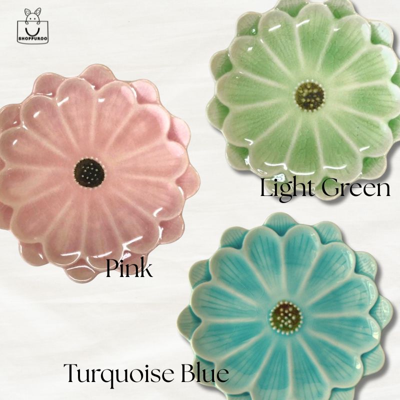 Trio of Handmade Mino-ware Crackle Glaze Flower Mini Plates in pink, light green and turquoise blue — Japanese ceramic plates showing soft pastel colour range from the Fiore series.