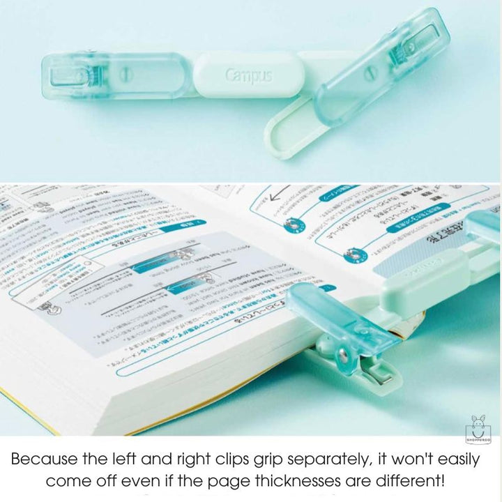 Two translucent mint-green book clips shown above an open book with printed pages, demonstrating how the clips grip the book pages. Text at the bottom explains that the left and right clips grip separately.