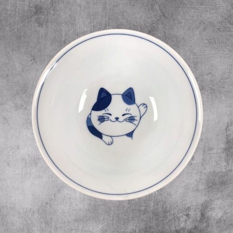 An overhead view looking directly down into the empty ramen bowl. At the centre of the white surface, a small, cute, smiling blue-and-white cat is waving its paw.