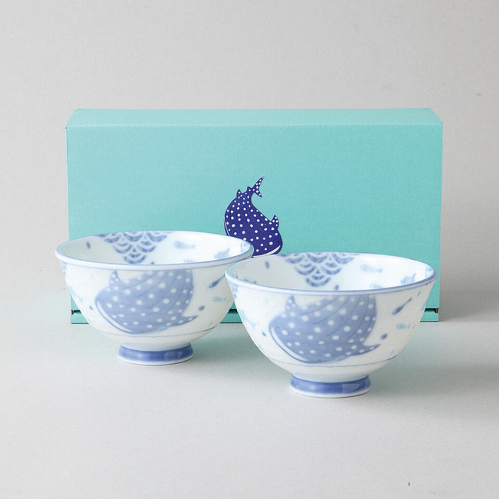 Mino-yaki Whale Shark in the wave Porcelain Rice Bowls 2Pcs Gift Set