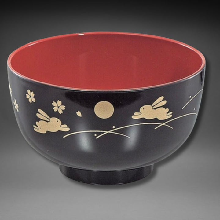 Moon Rabbits Miso Soup Bowl 11cm – Black & Red with Gold Print (Made in Japan)