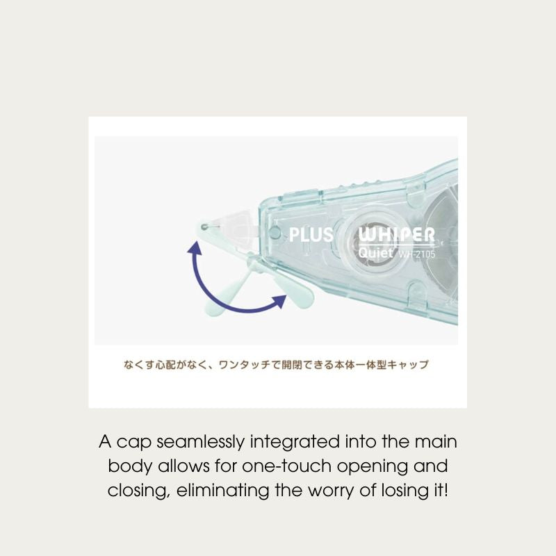 A close-up product diagram of a translucent light blue correction tape dispenser with a curved arrow showing the cap opening mechanism, plus Japanese text and English text below explaining one-touch opening and closing.
