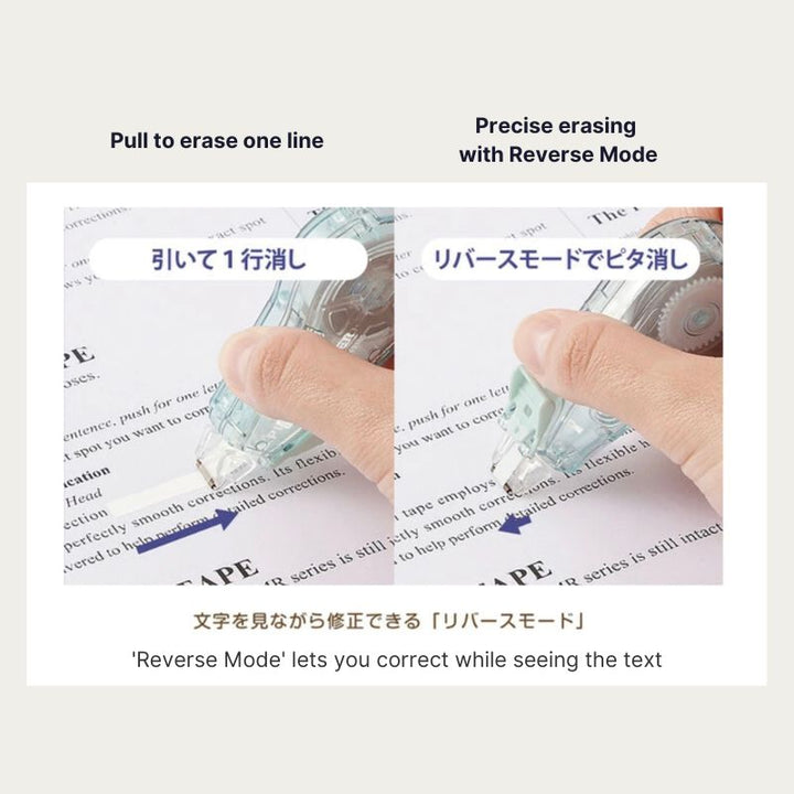 Reverse Mode precise erasing feature on PLUS Whiper Quiet correction tape
