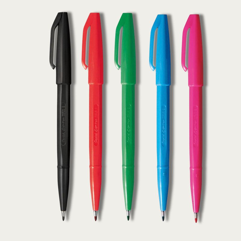 Five Pentel Sign Pen S520 colours side by side — Black, Red, Green, Sky Blue and Pink — sourced direct from Japan