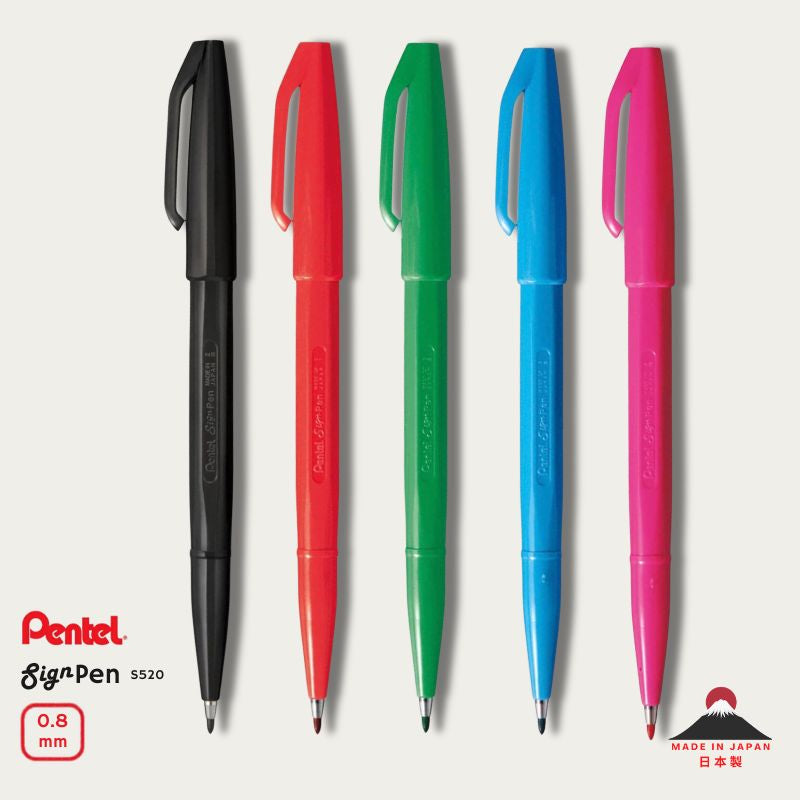 Pentel Sign Pen S520 — full SHOPPUROO range of five colours (Black, Red, Green, Sky Blue, Pink) with 0.8 mm bullet tip, made in Japan