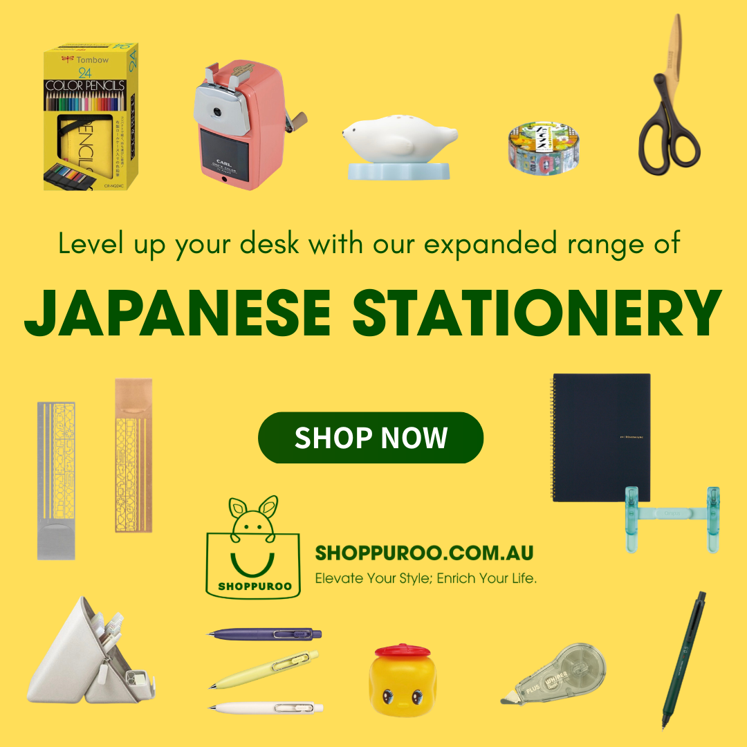 A promotional collage on a bright yellow background advertising Japanese stationery. The text reads 'Level up your desk with our expanded range of JAPANESE STATIONERY' and 'SHOP NOW' with the ShopPuroo website.