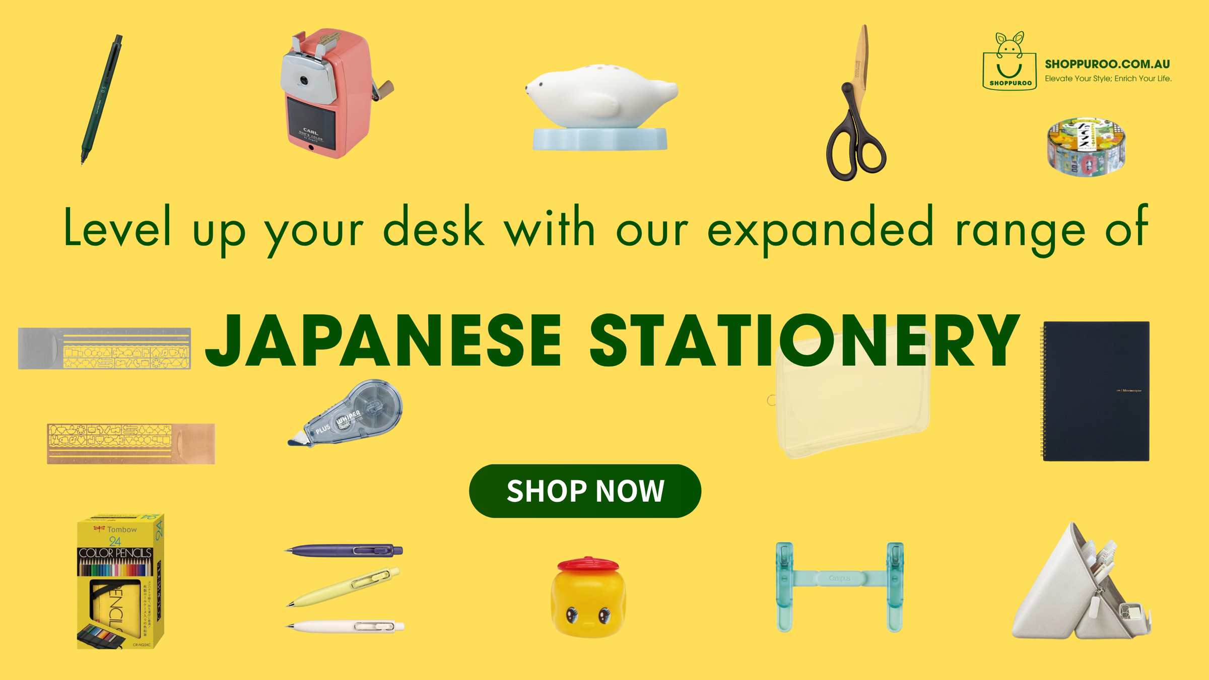 A promotional collage on a bright yellow background advertising a range of Japanese stationery items. Text reads 'Level up your desk with our expanded range of JAPANESE STATIONERY' and 'SHOP NOW'.