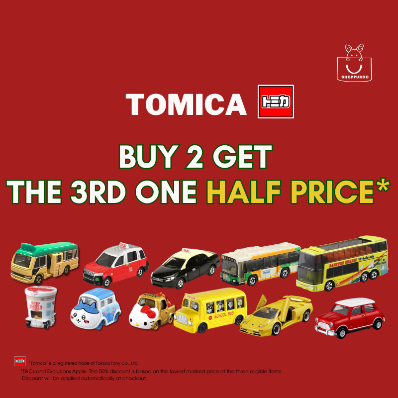 Tomica toy vehicles promotion on a red background with text offering a buy two get the third one half price deal.