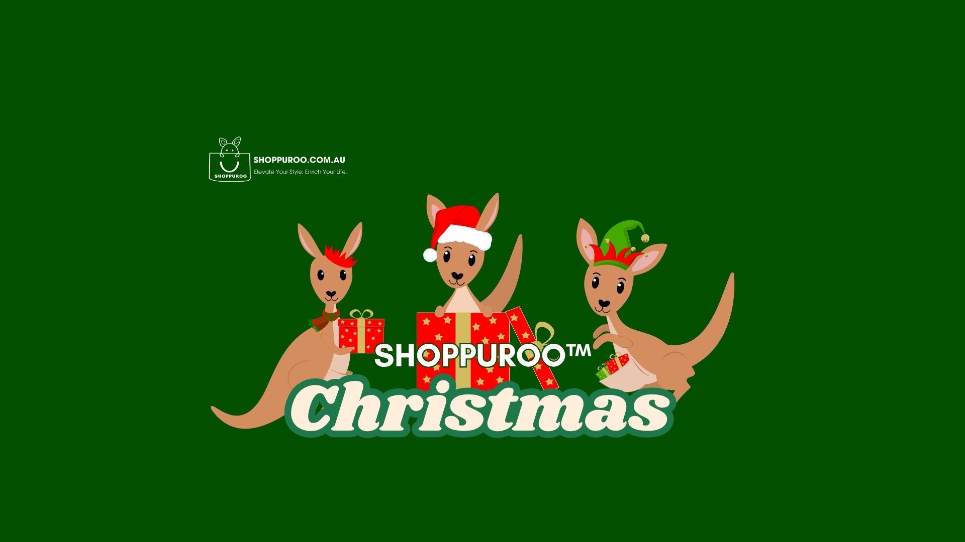 Three cartoon kangaroos with Christmas-themed accessories on a green background, featuring the Shoppurco logo.