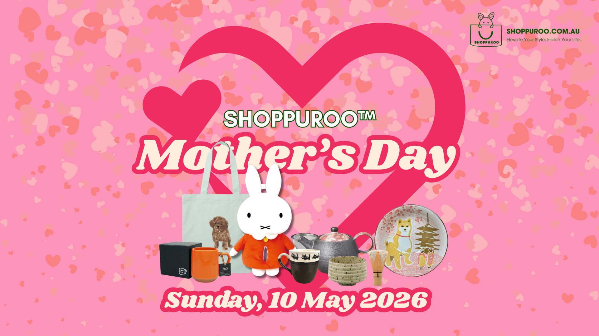 Promotional graphic for SHOPPUROO's Mother's Day event with cartoon character and products on a pink background.