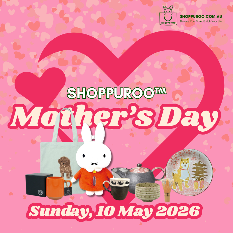 Promotional graphic for Shoppuroo's Mother's Day event with a pink heart and various products on a pink background.