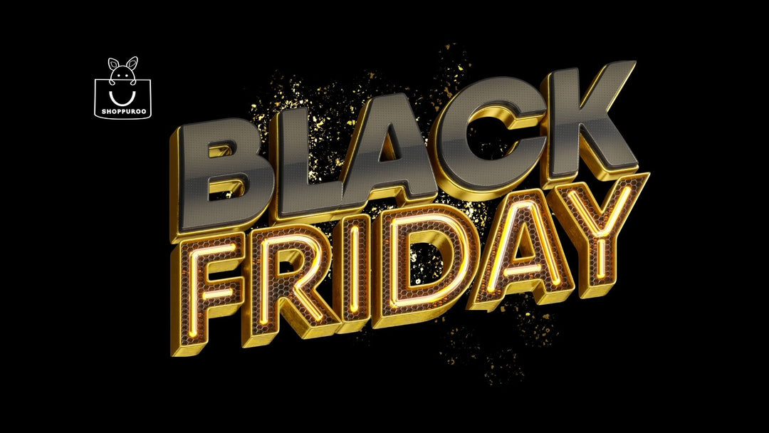 Black Friday text in gold and black on a black background