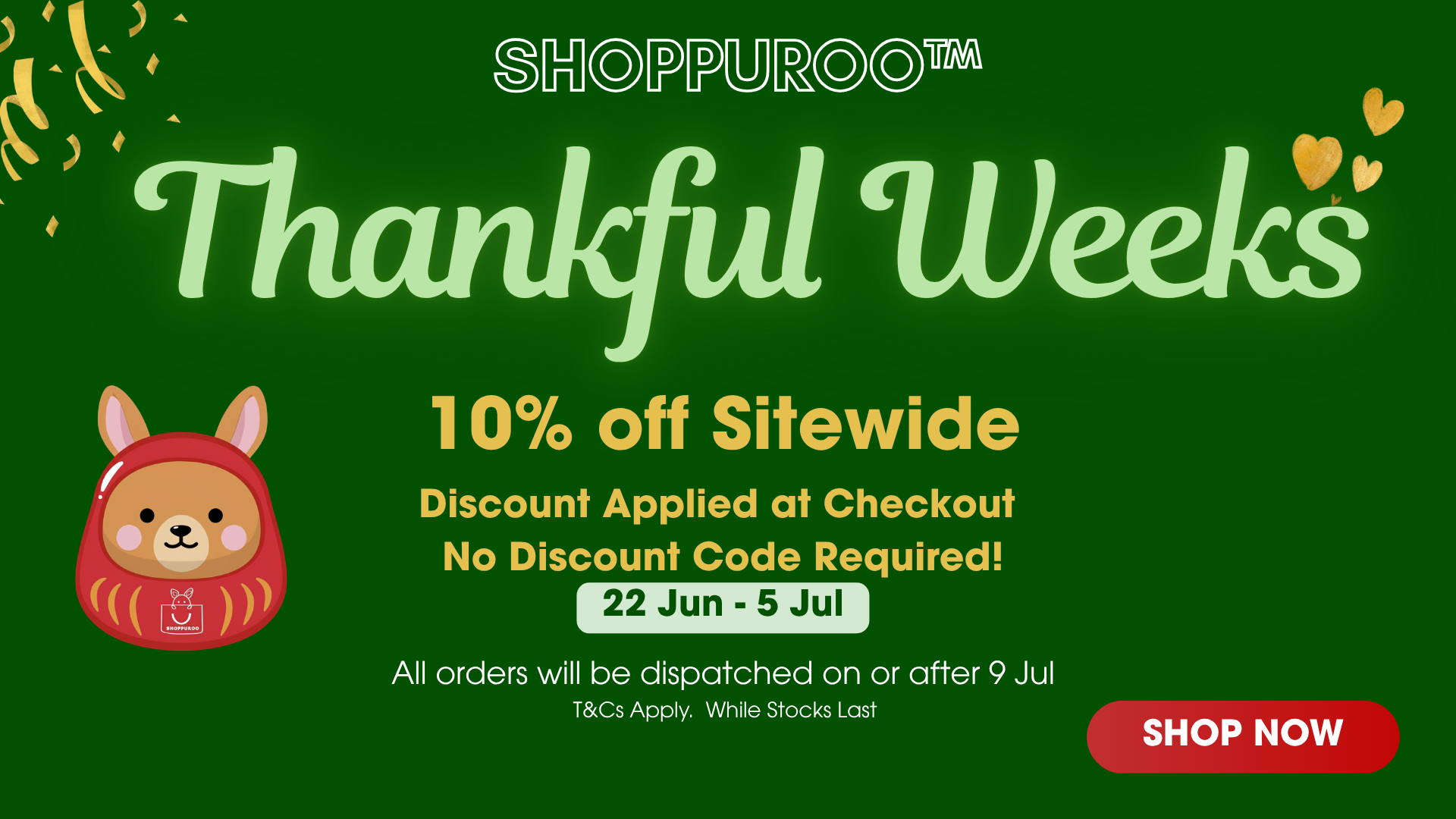 Promotional banner for Shoppurop with a cartoon kagaroo character, 'Thankful Weeks' offer, and discount details.