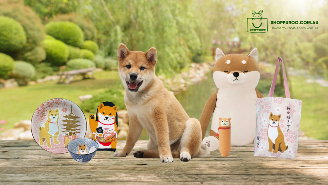 Dog sitting on a wooden platform with Shiba Inu-themed products including a plush toy, bag, and decor items in a garden setting.