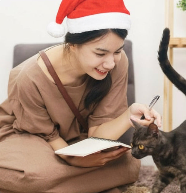 Woman wearing a Santa hat interacting with a cat, with text 'Gifts for Pet Lovers' at the bottom.