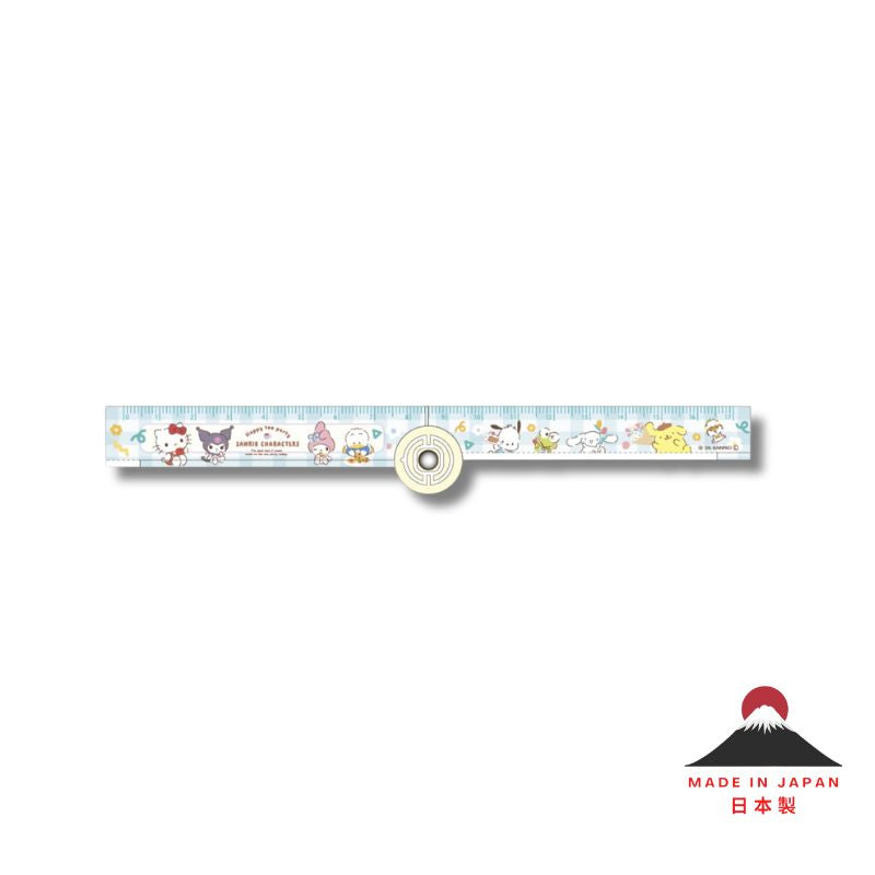 Sanrio Hello Kitty &amp; Friends folding ruler fully extended to 17cm, with Happy Tea Party artwork showing multiple Sanrio characters across the length. Light blue checkered design with Made in Japan mark.