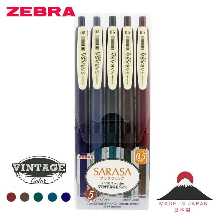 Sarasa Clip 0.5mm Gel Pens 5 colour Set Vintage Colours No.1 (Made in Japan)