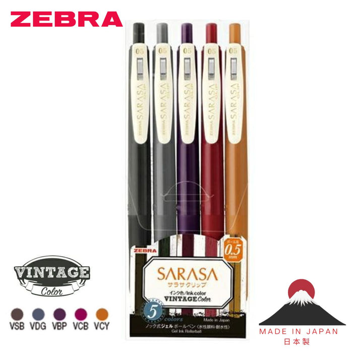 Sarasa Clip 0.5mm Gel Pens 5 colour Set Vintage Colours No.2 (Made in Japan)