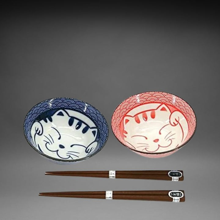 Mino-yaki Seigaiha Blue and Red Cat Rice Bowls with Chopsticks 4 Pcs Gift Set
