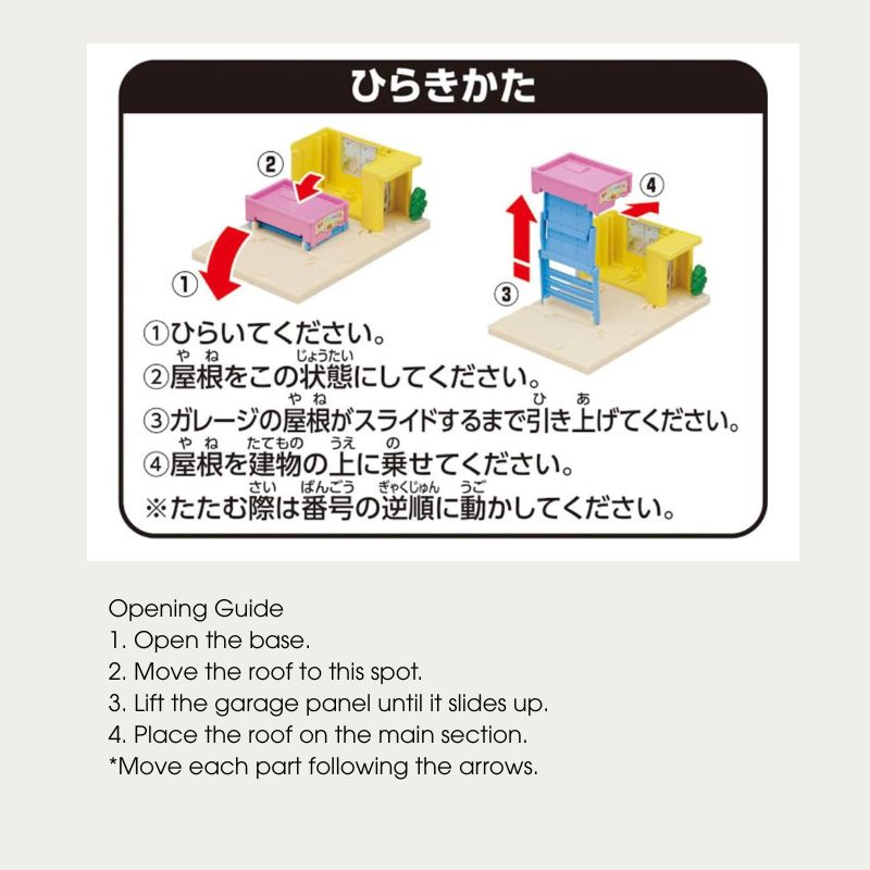 Instruction diagram showing how to open and assemble the Tomica Nursery &amp; School Bus Playset roof and garage panel.