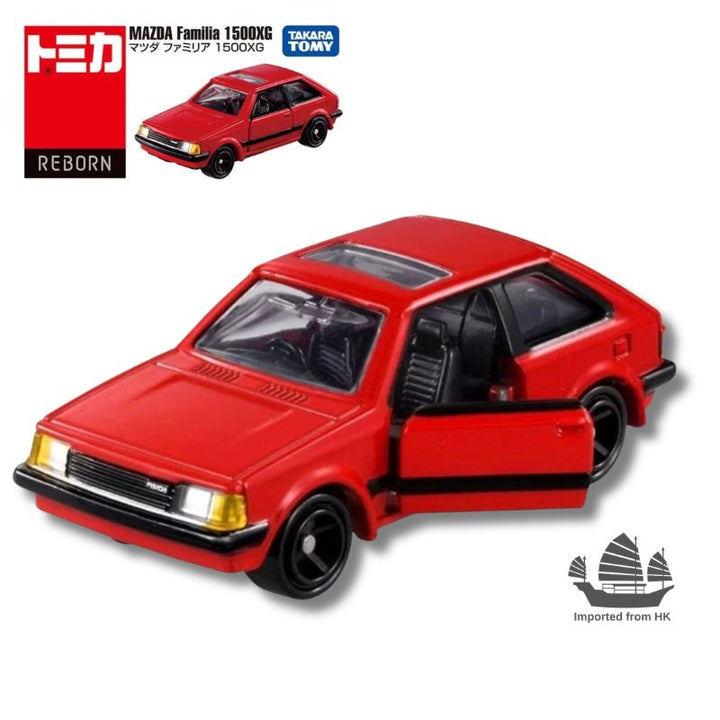 Tomica Reborn Mazda Familia 1500XG diecast in Red — front three-quarter view with opened door, shown with REBORN packaging artwork