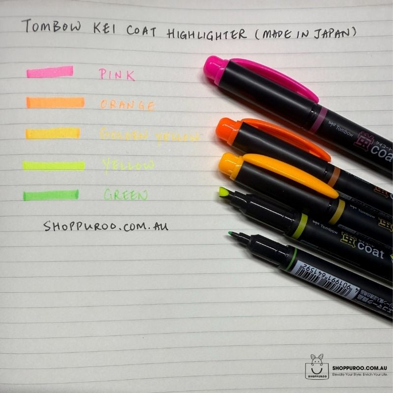 A lifestyle photograph showing five Tombow Kei Coat highlighters (Pink, Orange, Golden Yellow, Yellow, and Green) alongside their respective ink swatches on lined paper. The SHOPPUROO.COM.AU watermark is visible at the bottom.
