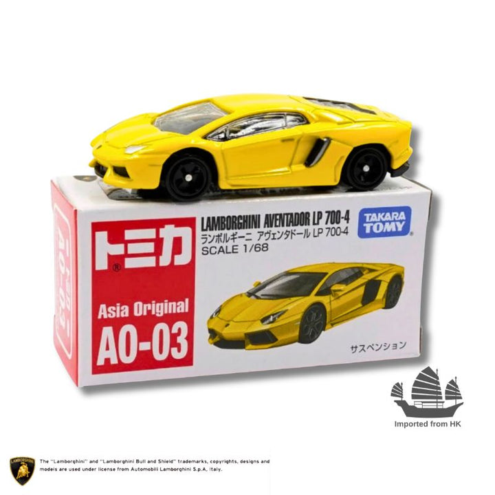 Tomica AO-03 Lamborghini Aventador LP700-4 in Yellow — Asia Original Edition diecast with retail packaging