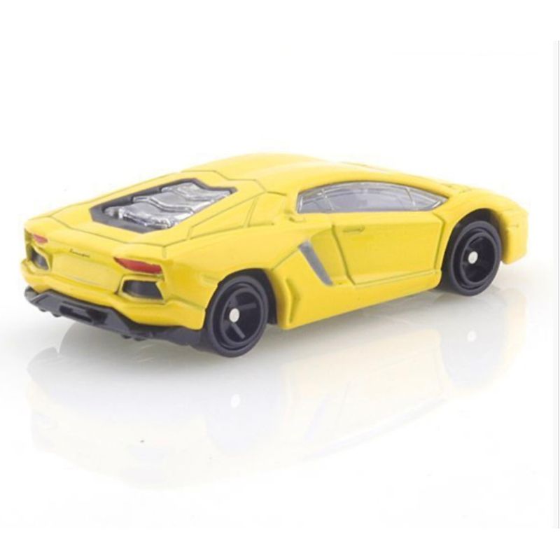 Tomica Lamborghini Aventador LP700-4 diecast in Yellow — rear three-quarter view showing wheel and body detail