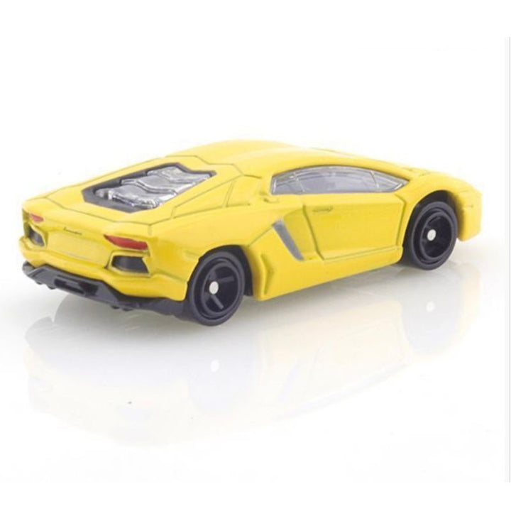 Tomica Lamborghini Aventador LP700-4 diecast in Yellow — rear three-quarter view showing wheel and body detail