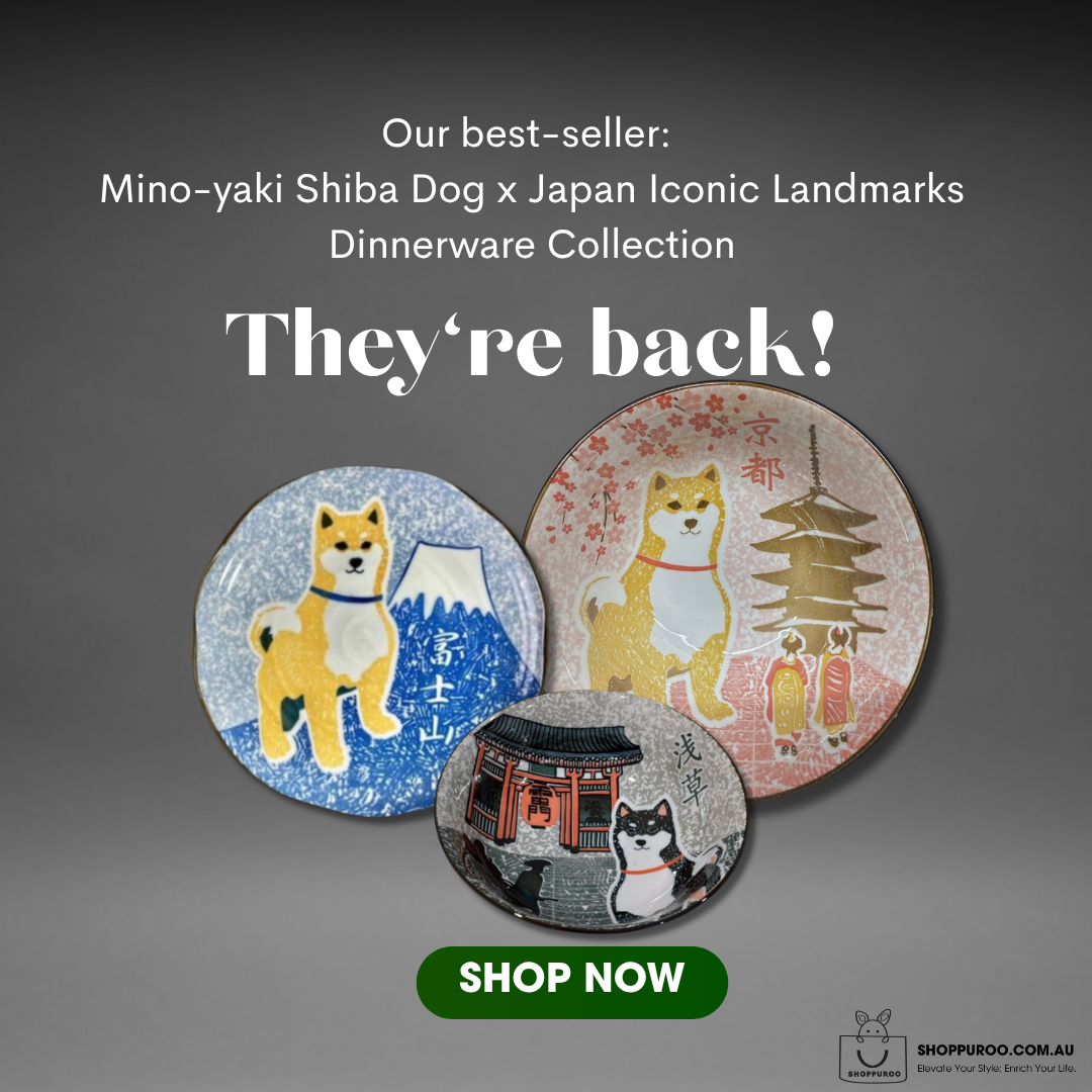 Three Mino-yaki ceramic plates from SHOPPUROO™ featuring the Shiba Dog x Japan Iconic Landmarks Dinnerware Collection — Mt. Fuji (富士山), Kyoto (京都), and Asakusa (浅草) designs — on a dark grey background. Text reads "They're back!" with a Shop Now button. Made in Japan.